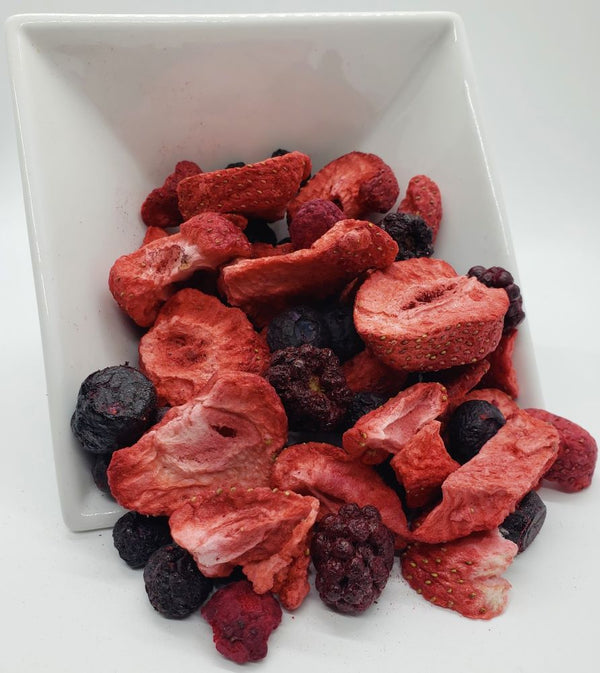 Shelf2Table's Freeze Dried Mixed Berries with Freeze Dried Strawberries, Freeze Dried Blueberries, Freeze Dried Raspberries, Freeze Dried Black Berries.
