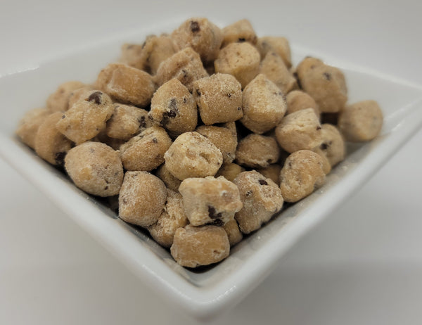 Picture of Freeze Dried Chocolate Chip Cookie Dough Bites.  Eat as a snack right out of the bag!  
